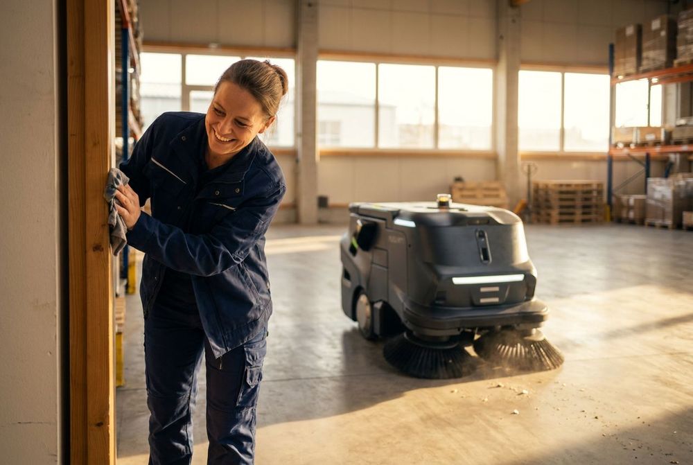 Reinigungskraft macht die Ecken, der Roboter die große Fläche
